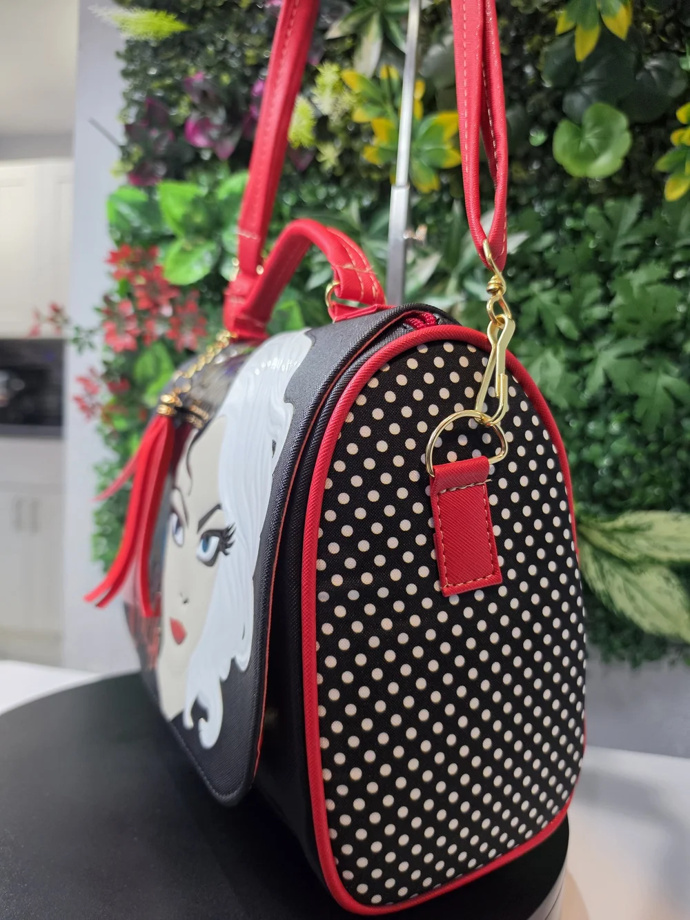 Black and Red Women's Satchel with Graphic Face Detail